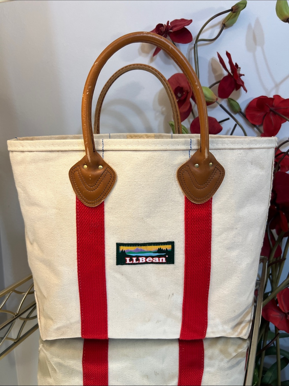 Vintage LL Bean Leather Handle Canvas Boat & Tote Bag Red Trim Made in USA